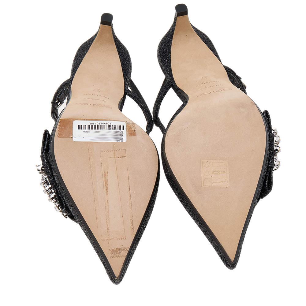 Sergio Rossi Black Glitter Sr Icona Slingback Sandals Size 37 For Sale 2