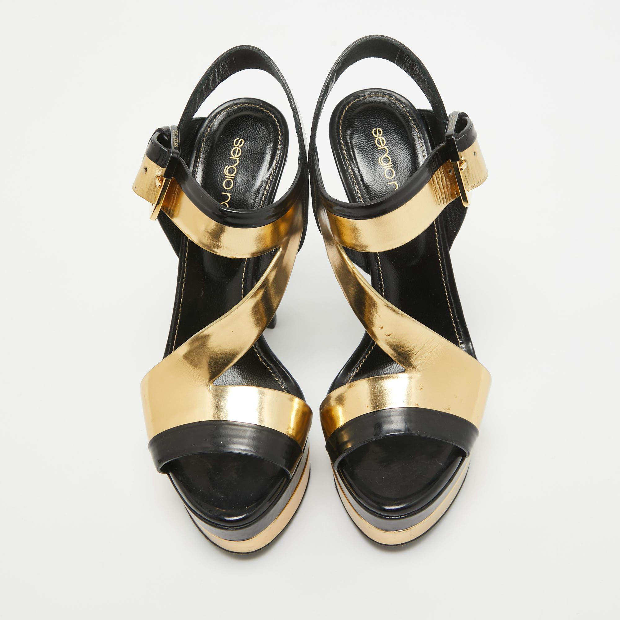 Sergio Rossi Black/Gold Leather Platform Ankle Strap Sandals Size 35.5 In Good Condition In Dubai, Al Qouz 2