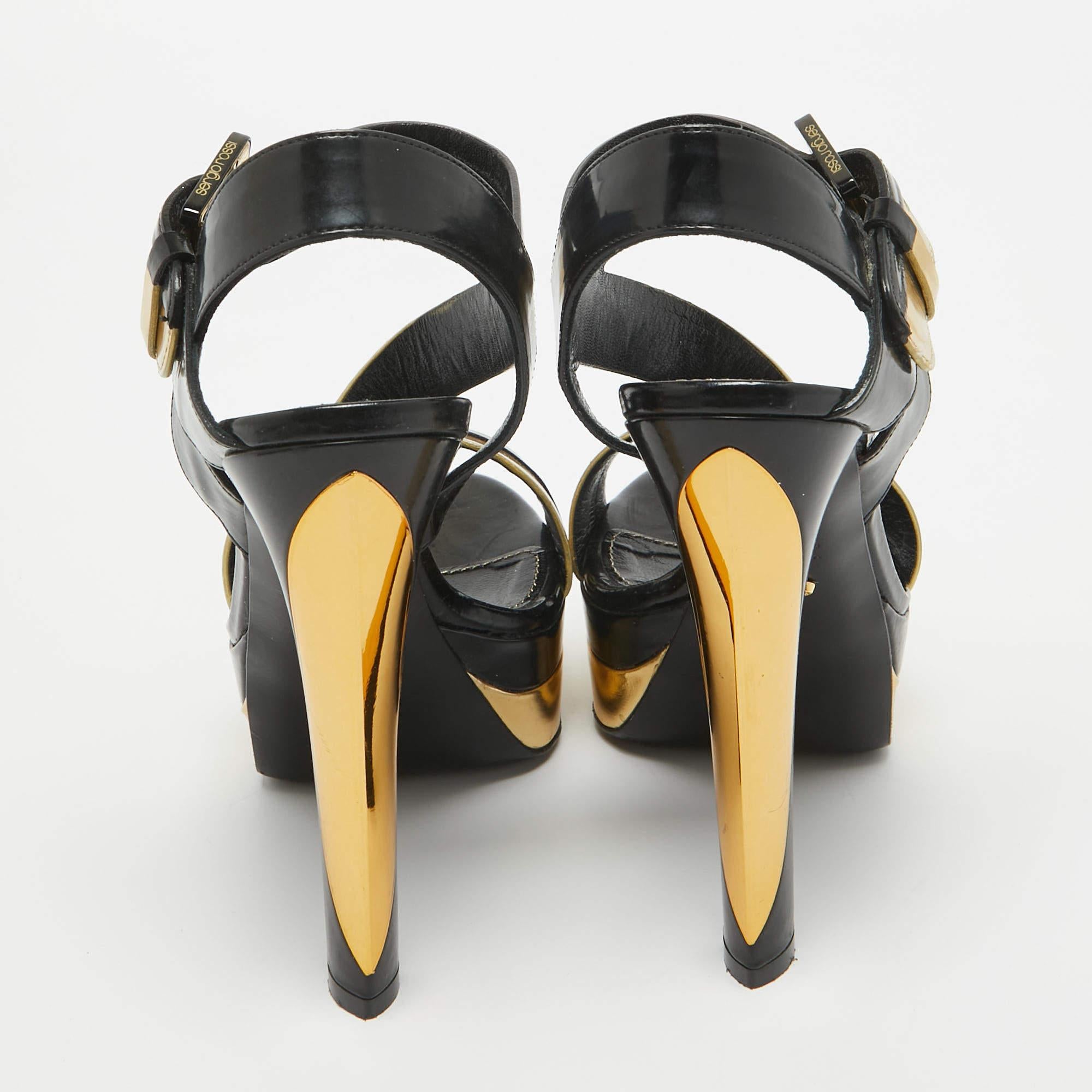 Sergio Rossi Black/Gold Leather Platform Ankle Strap Sandals Size 35.5 1