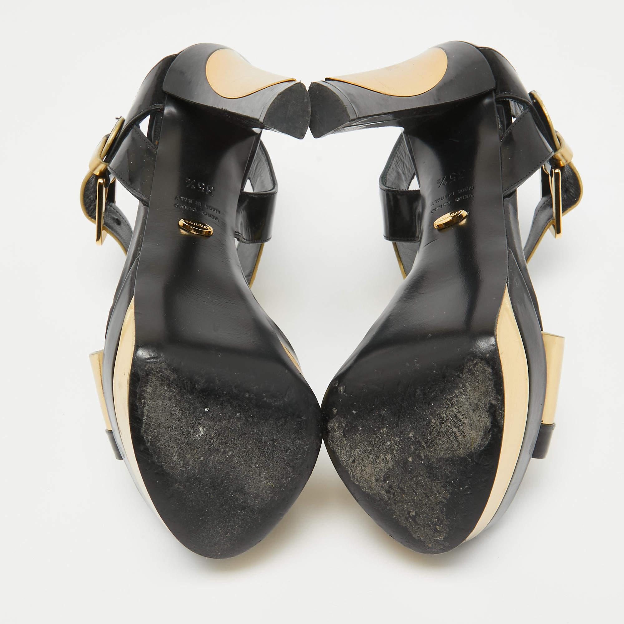 Sergio Rossi Black/Gold Leather Platform Ankle Strap Sandals Size 35.5 2