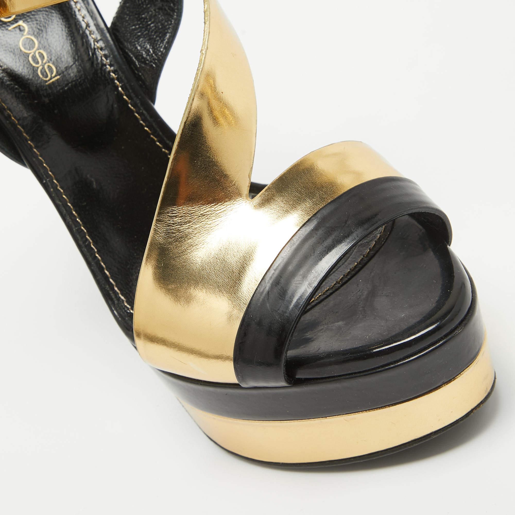 Sergio Rossi Black/Gold Leather Platform Ankle Strap Sandals Size 35.5 3