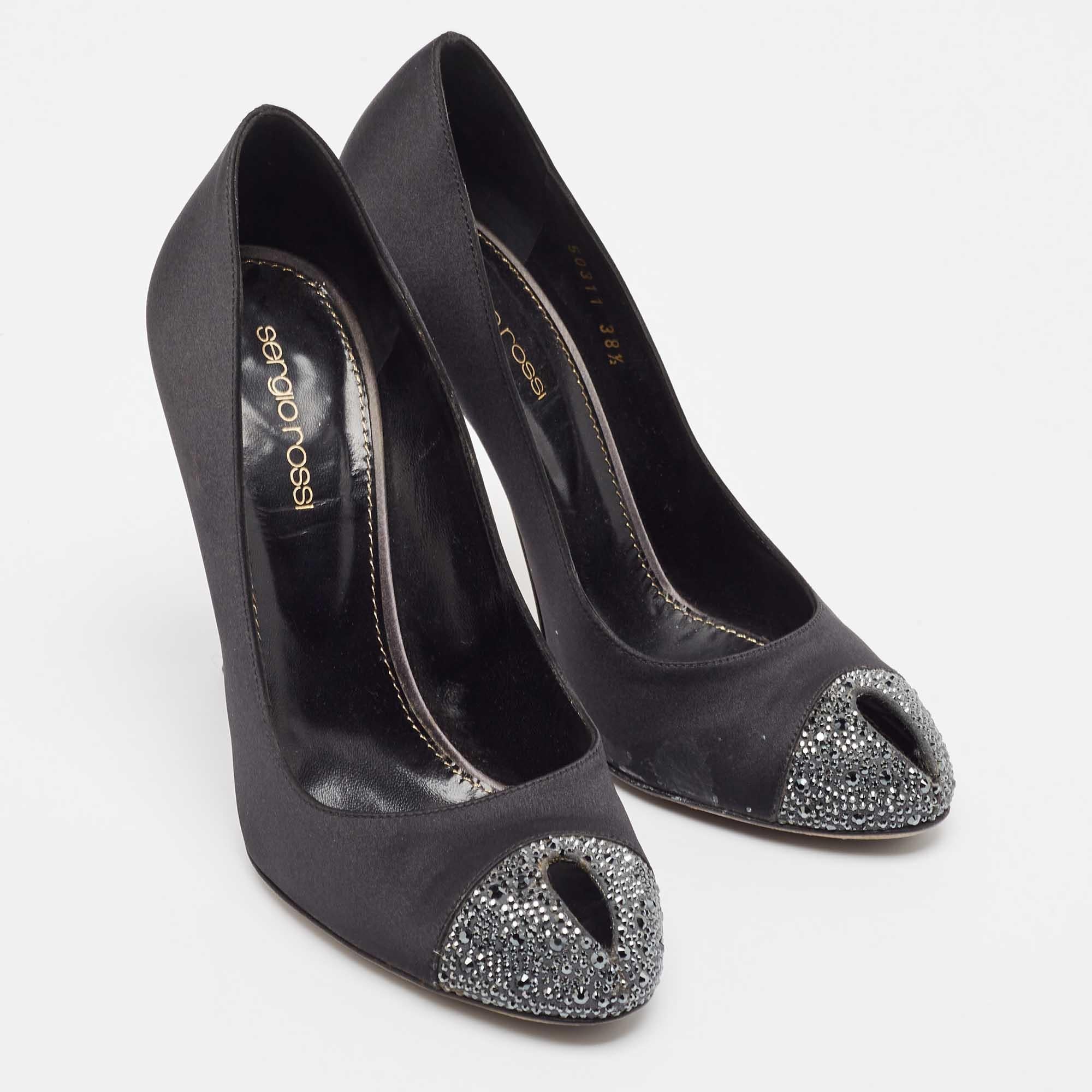 Sergio Rossi Schwarze/graue Satin-Pumps mit Kristallverzierung und Peep Toe Größe 38,5 Damen im Angebot