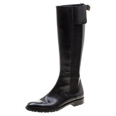 Sergio Rossi Black Leather And Elastic Detail Knee Length Boots Size 37