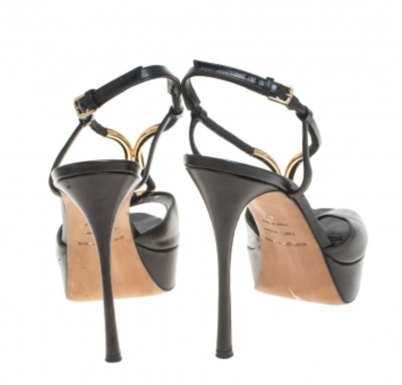 Sergio Rossi Black Leather Ankle Strap Platform Sandals Size 37 For Sale 2