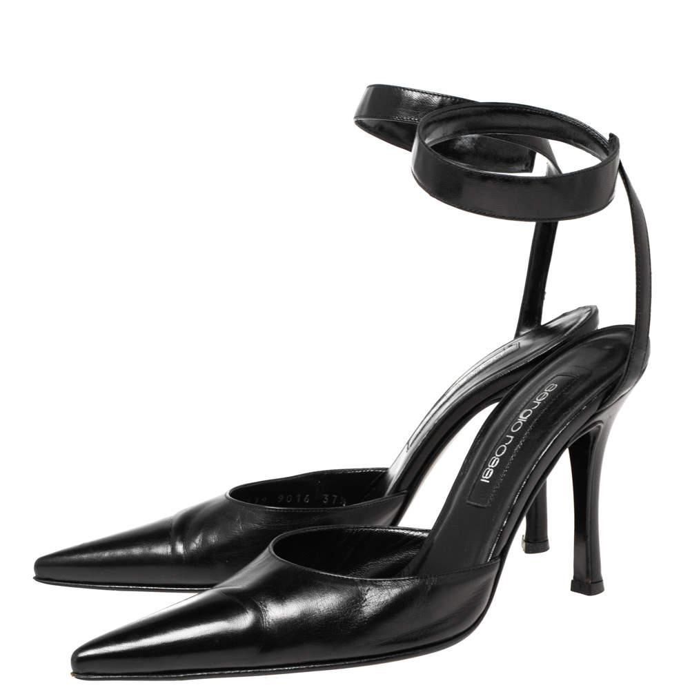 Women's Sergio Rossi Black Leather Ankle Wrap Pointed-Toe Pumps Size 37.5 For Sale
