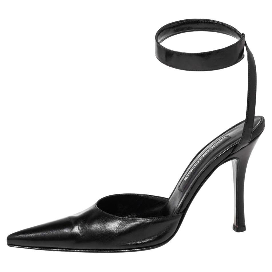 Sergio Rossi Black Leather Ankle Wrap Pointed-Toe Pumps Size 37.5 For Sale