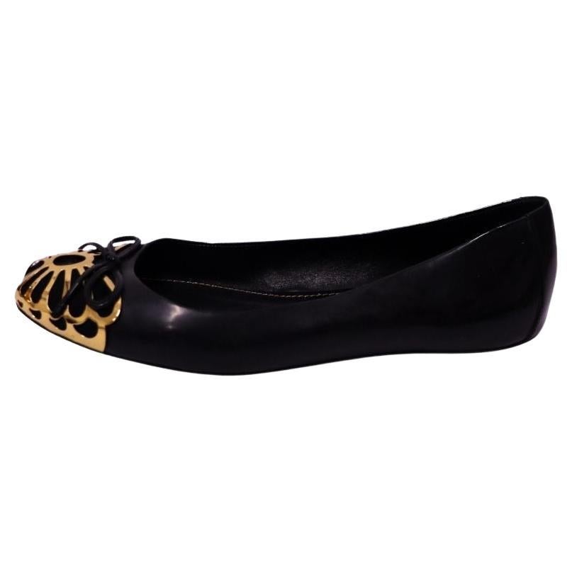 Sergio Rossi Black Leather Ballet Flats with Gold Toe Detail - EU 36.5