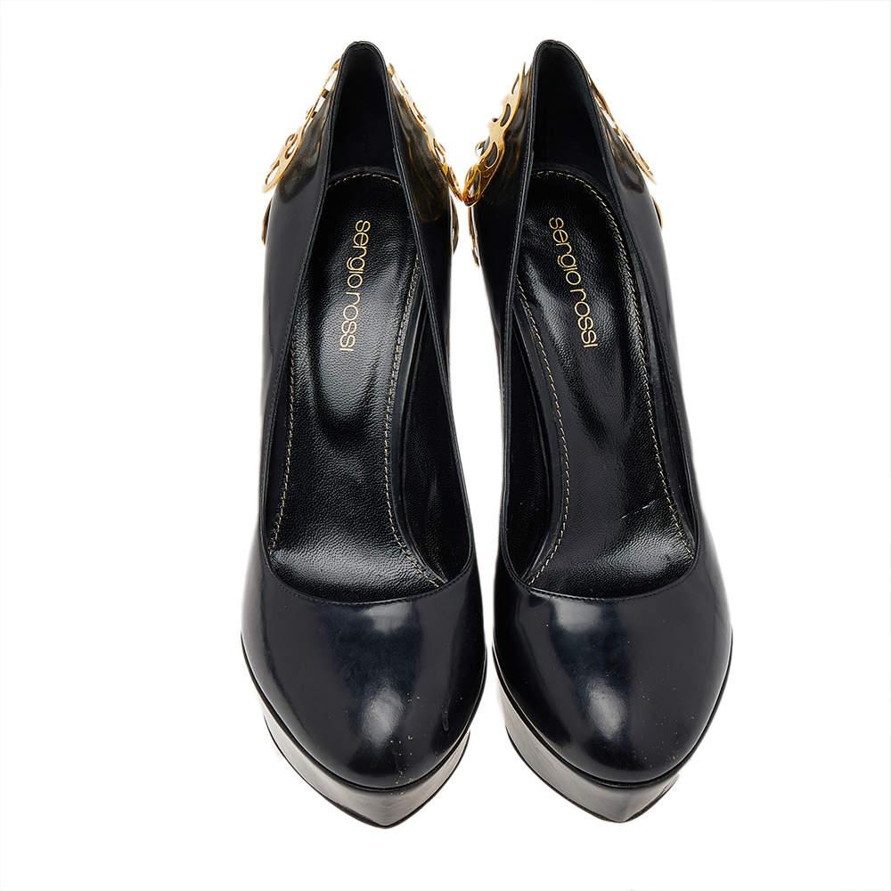 Sergio Rossi Black Leather Butterfly Plaque Platform Pumps Size 38.5 In Fair Condition In Dubai, Al Qouz 2