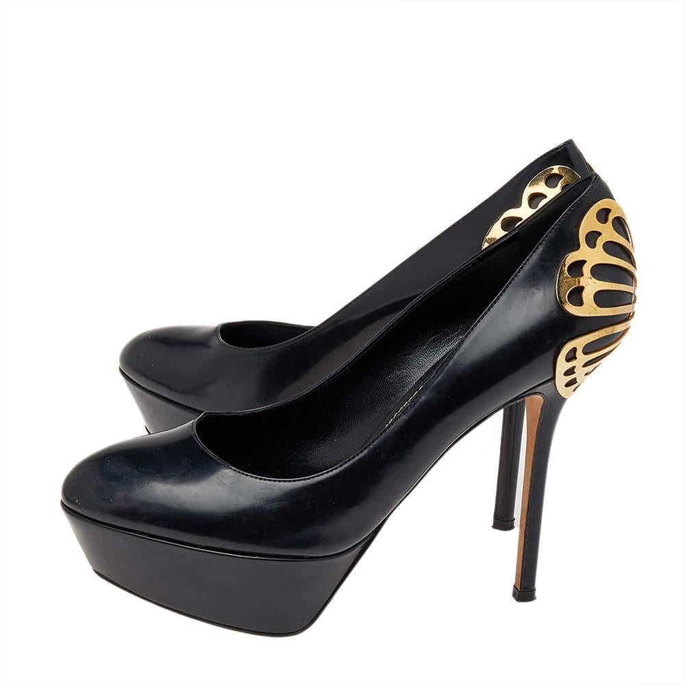 Women's Sergio Rossi Black Leather Butterfly Plaque Platform Pumps Size 38.5