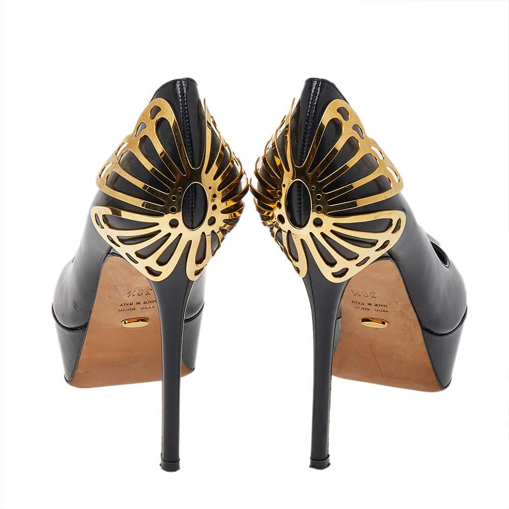 Sergio Rossi Black Leather Butterfly Plaque Platform Pumps Size 38.5 1
