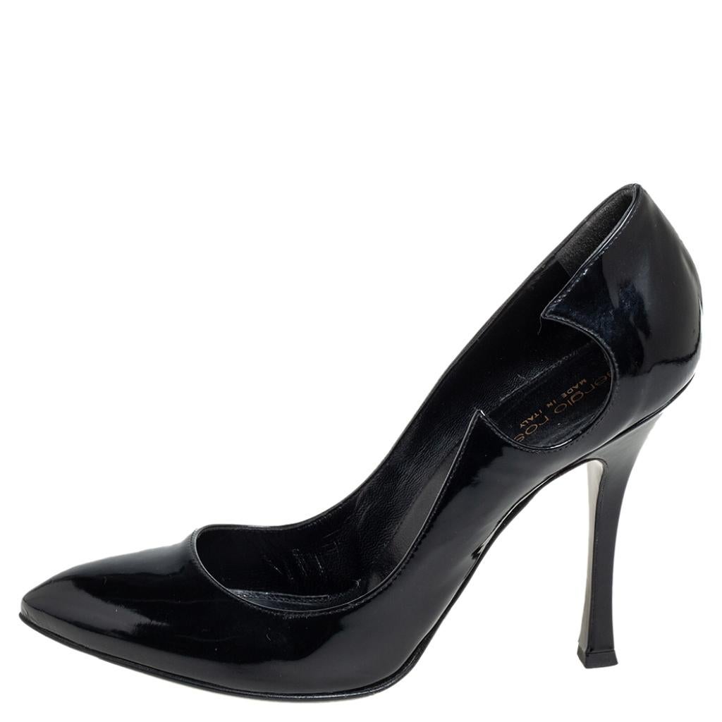 The appealing design and comfortable quality make this Sergio Rossi pair a great purchase. Crafted from patent leather, these designer pumps carry a black exterior, cut-out detailing on the side, and 11 cm heels.

Includes: Packaging