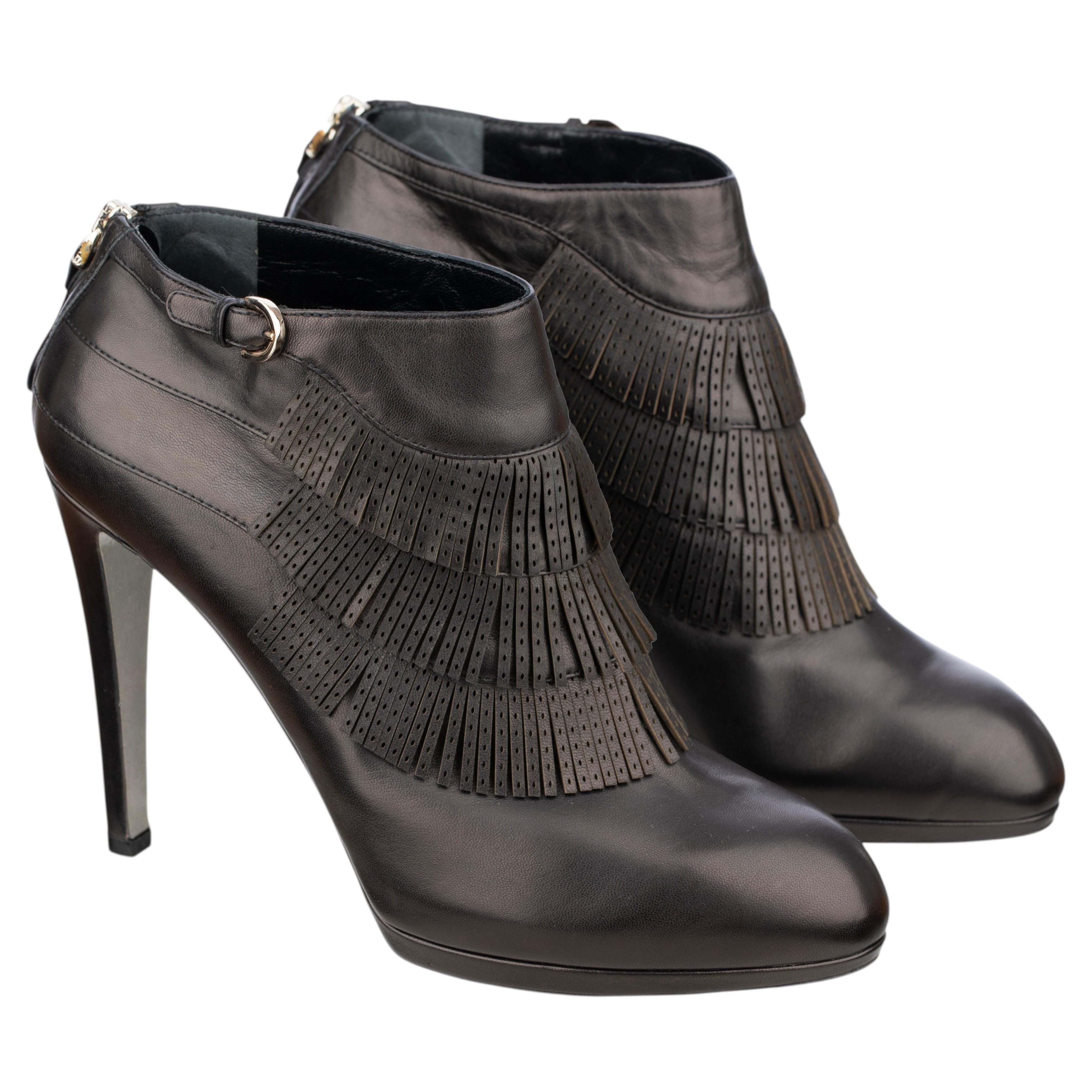 Sergio Rossi Black Leather Fringe Ankle Boots - Size  39.IT For Sale