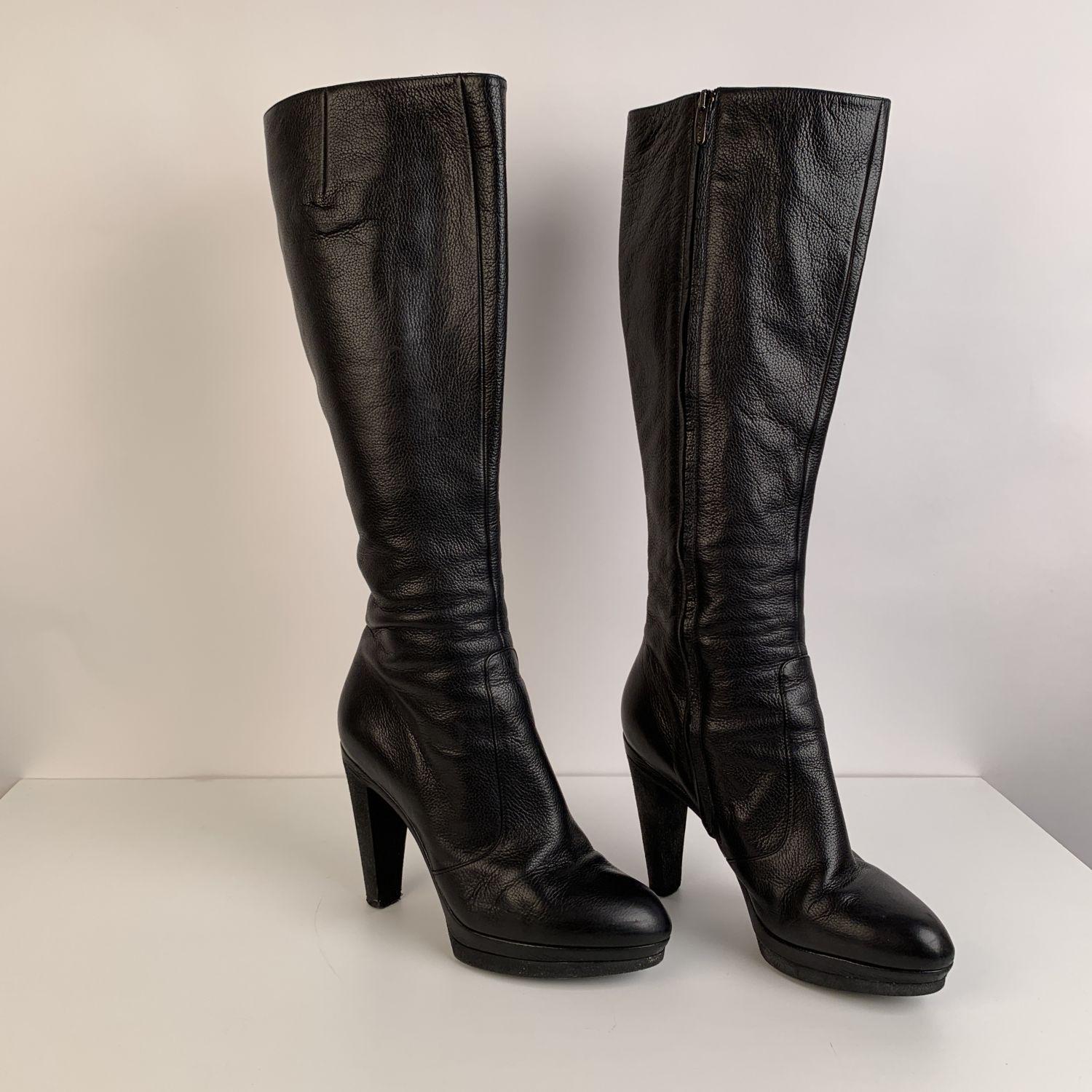 Women's Sergio Rossi Black Leather Heeled Boots Shoes Size 38.5