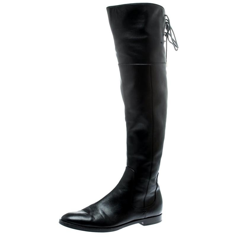 Sergio Rossi Black Leather Knee High Boots Size 37.5