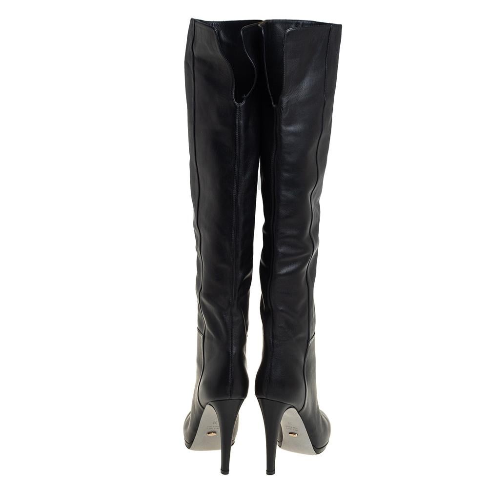 Women's Sergio Rossi Black Leather Knee High Boots Size 38