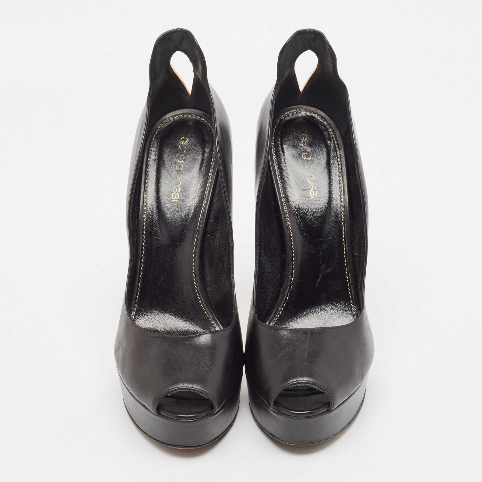 Sergio Rossi Black Leather Peep Toe Platform Pumps Size 41 In Good Condition In Dubai, Al Qouz 2
