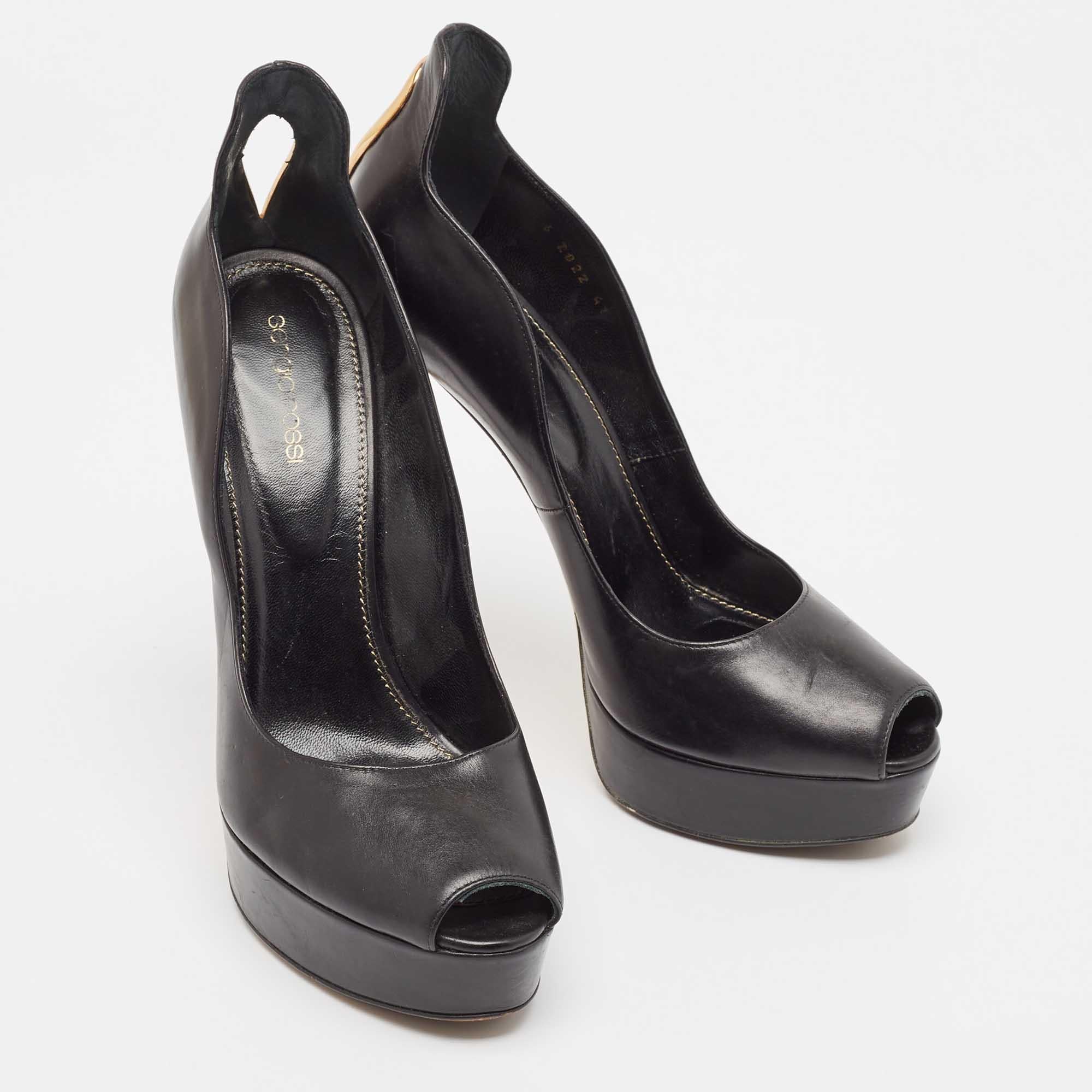 Women's Sergio Rossi Black Leather Peep Toe Platform Pumps Size 41