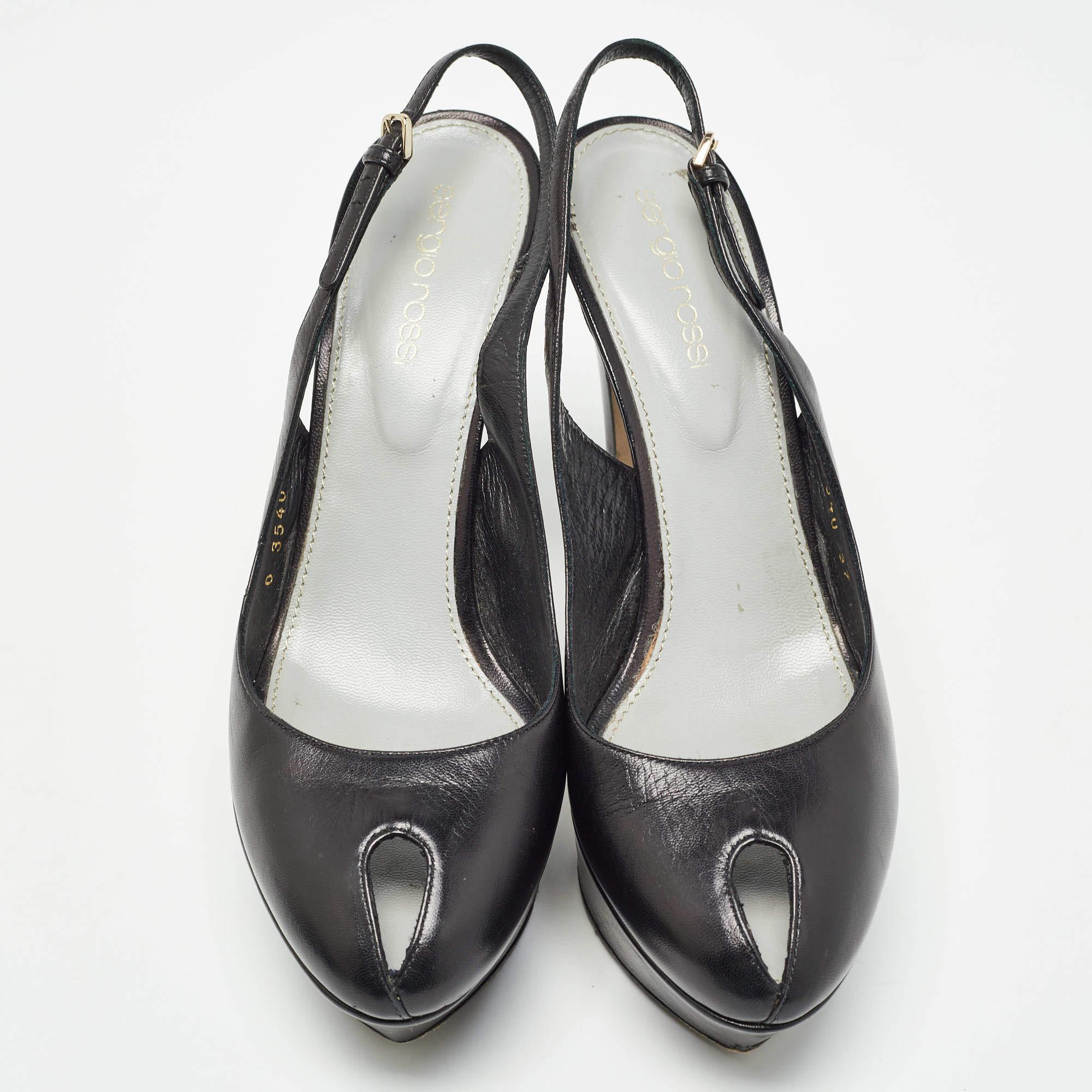 Sergio Rossi Black Leather Peep Toe Slingback Pumps Size 37 In Good Condition For Sale In Dubai, Al Qouz 2