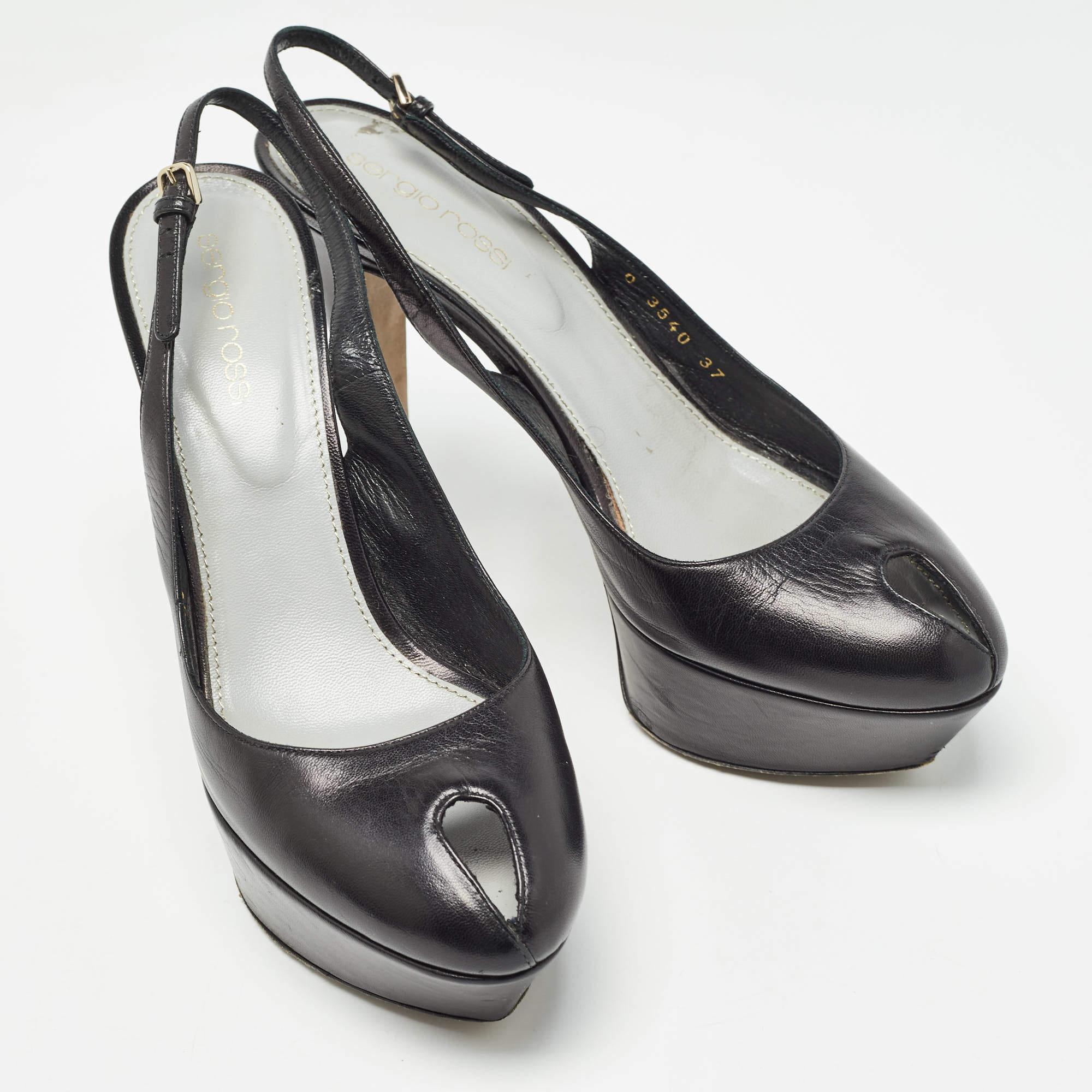 Women's Sergio Rossi Black Leather Peep Toe Slingback Pumps Size 37 For Sale
