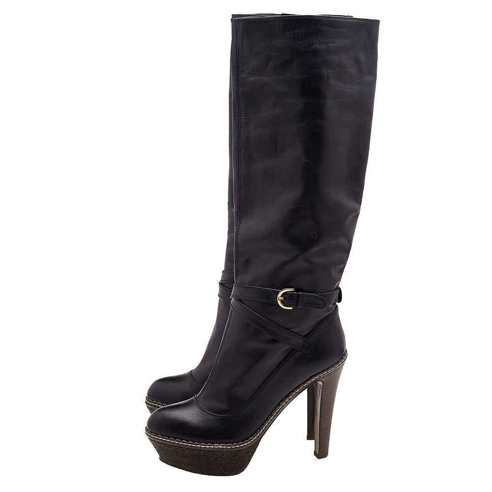 Women's Sergio Rossi Black Leather Platform Knee Length Boots Size 39