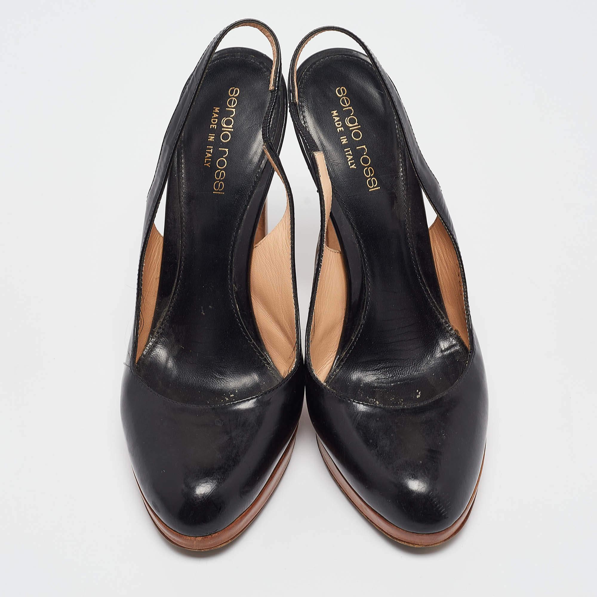 Sergio Rossi Black Leather Platform Slingback Pumps Size 36.5 In Good Condition For Sale In Dubai, Al Qouz 2
