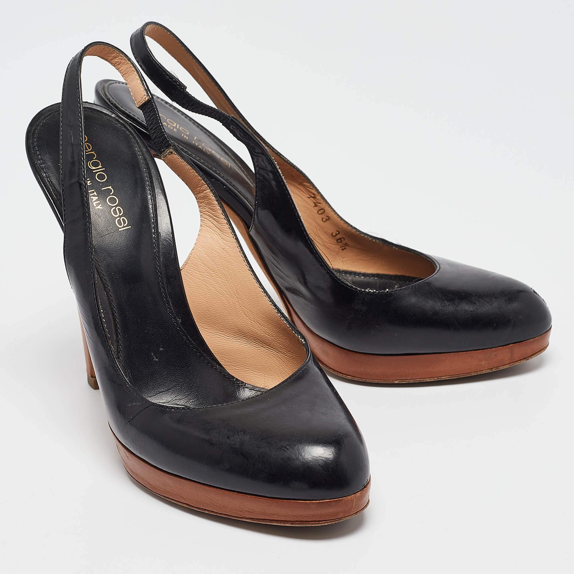 Women's Sergio Rossi Black Leather Platform Slingback Pumps Size 36.5 For Sale