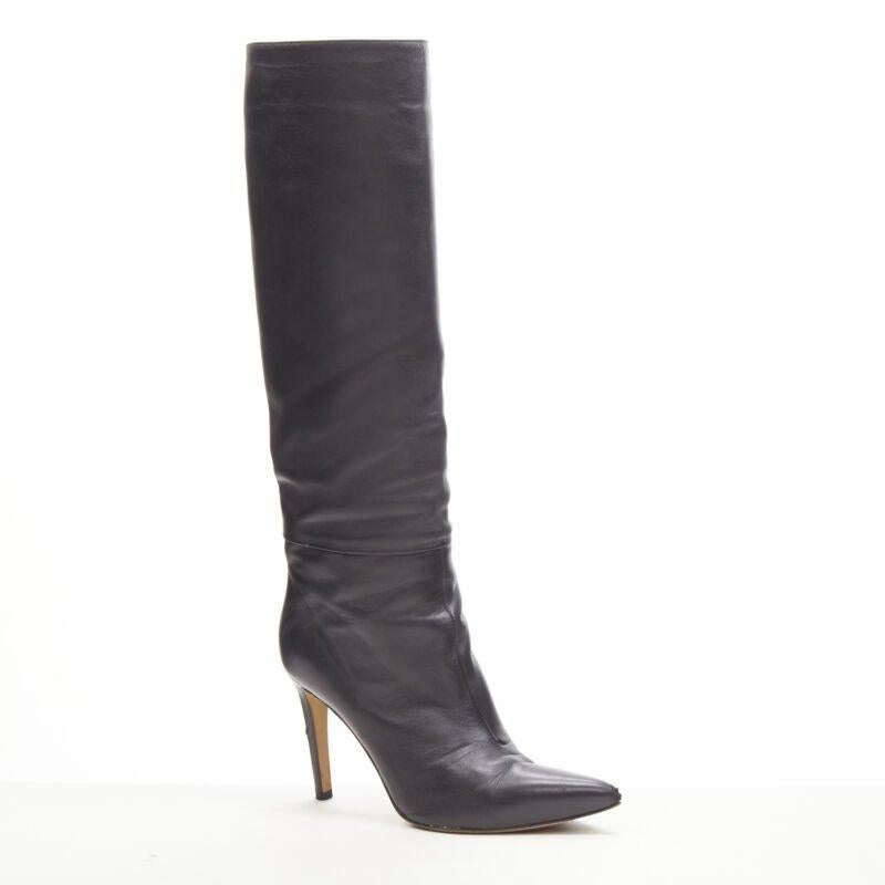 SERGIO ROSSI black leather point toe pull on high heel boots EU38
Reference: KEDG/A00193
Brand: Sergio Rossi
Material: Calfskin Leather
Color: Black
Pattern: Solid
Closure: Pull On
Lining:  Leather
Extra Details: Please note the shoes will be folded