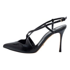 Sergio Rossi Black Leather Pointed Toe Bon Ton Slingback Sandals Size 37