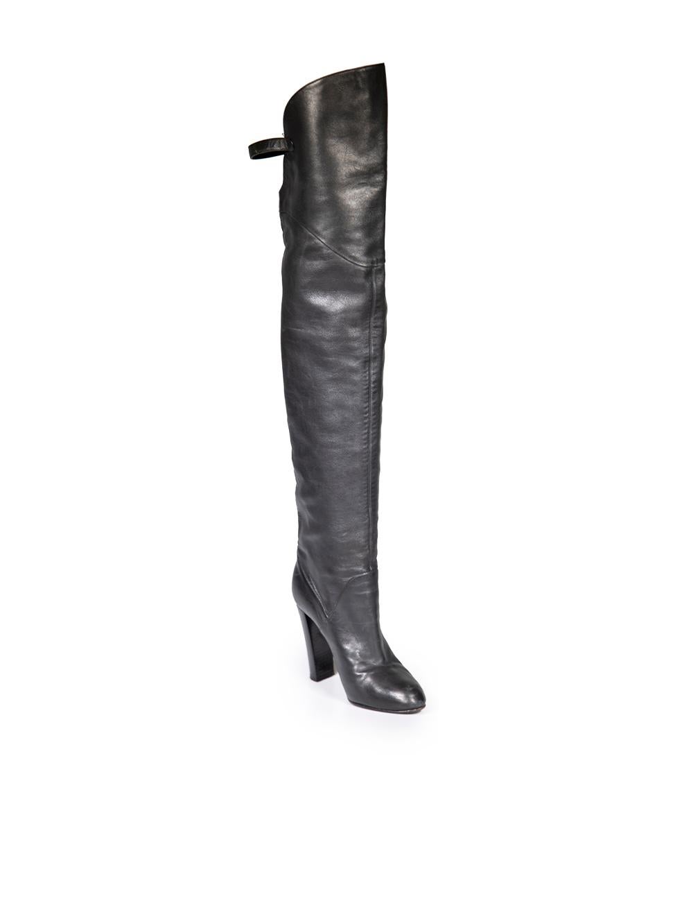 CONDITION is Good. Minor wear to boots is evident. Light wear to both sides, toes and heels of both boots with abrasions on this used Sergio Rossi designer resale item.
 
 Details
 Black
 Leather
 Thigh high boots
 Almond toe
 High heeled
 Back