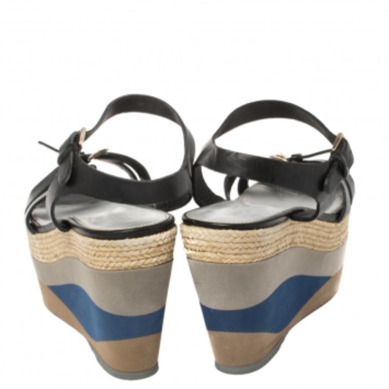Brown Sergio Rossi Black Leather Wedge Espadrille Ankle Strap Sandals Size 40 For Sale