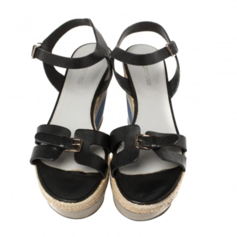 Women's Sergio Rossi Black Leather Wedge Espadrille Ankle Strap Sandals Size 40 For Sale