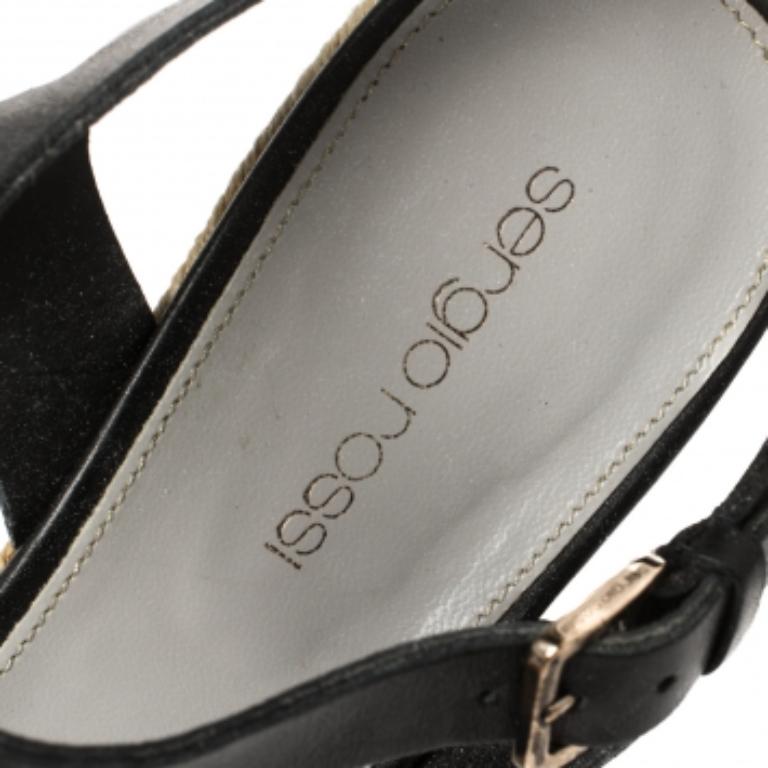 Sergio Rossi Black Leather Wedge Espadrille Ankle Strap Sandals Size 40 For Sale 1