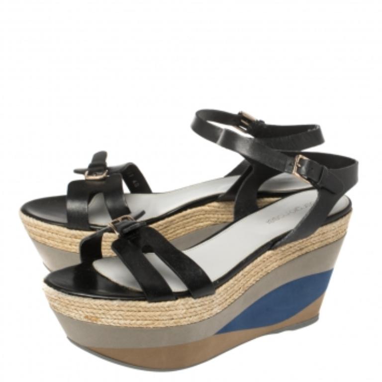 Sergio Rossi Black Leather Wedge Espadrille Ankle Strap Sandals Size 40 For Sale 2