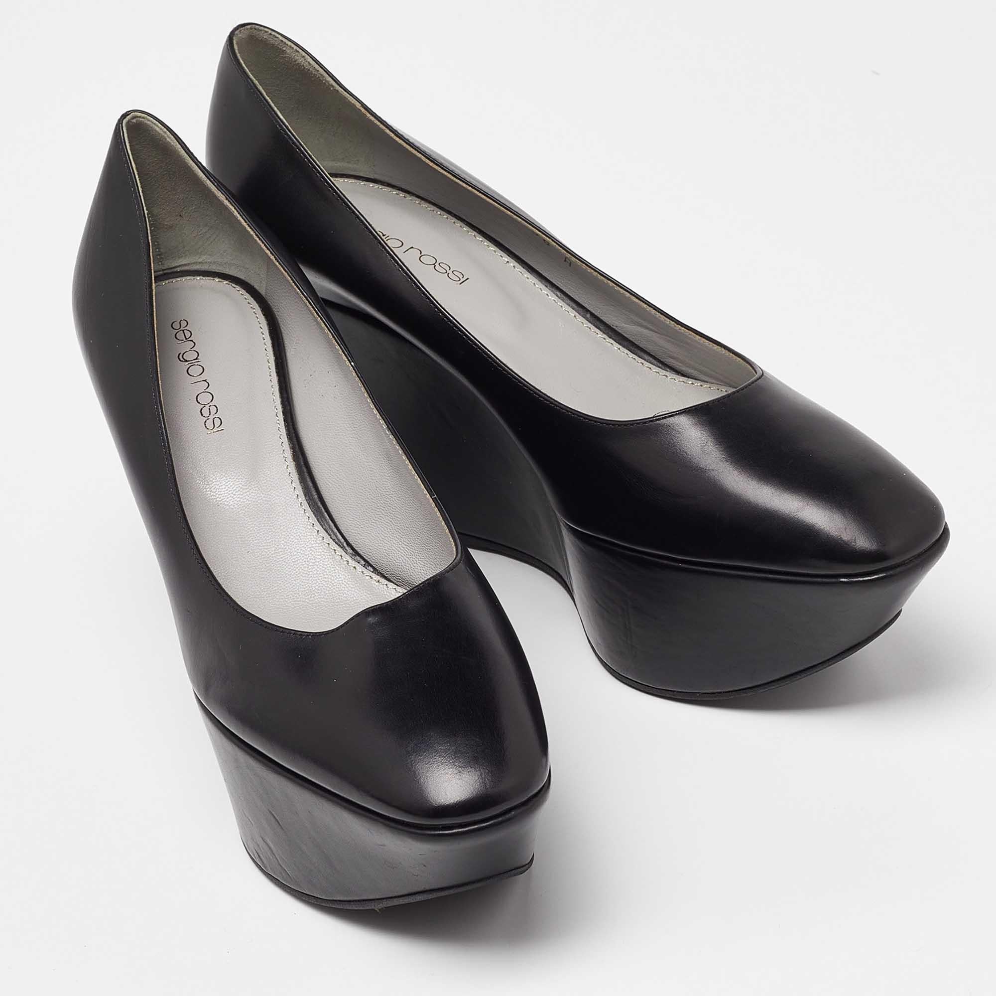 Women's Sergio Rossi Black Leather Wedge Platform Pumps Size 38 For Sale
