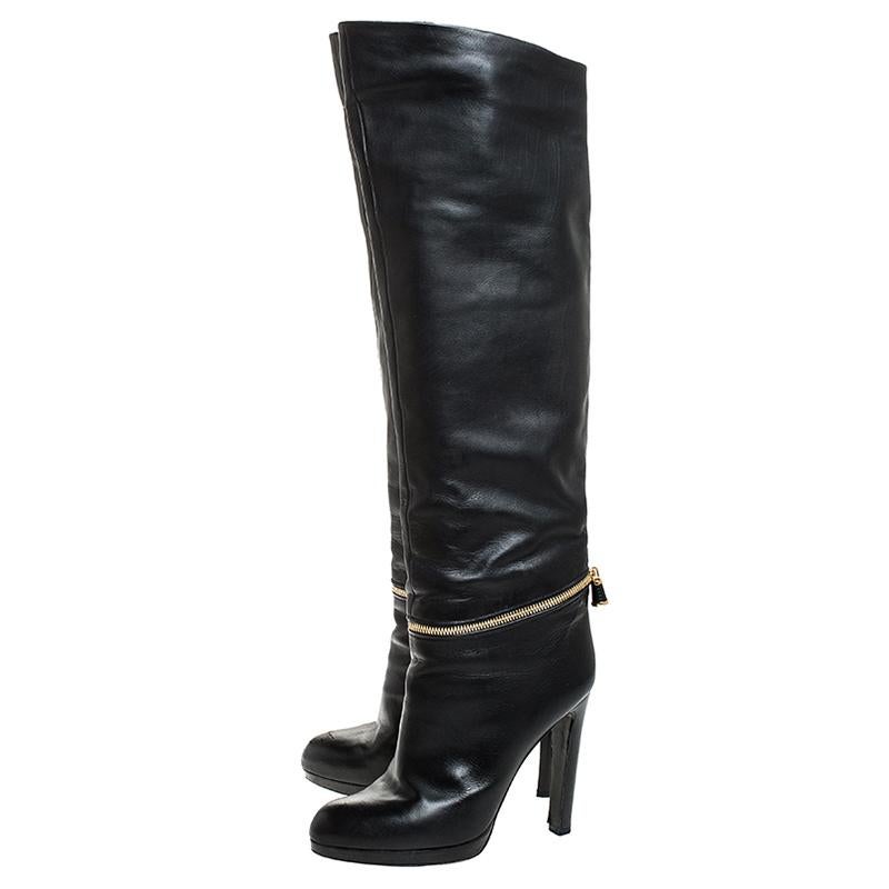 Sergio Rossi Black Leather Zip Detail Knee High Boots Size 39.5