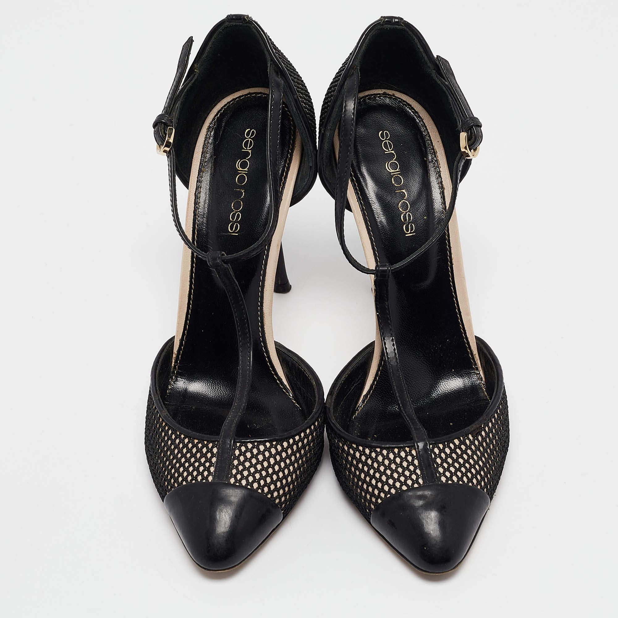 Sergio Rossi Black Mesh and Leather Mary Jane Pumps Size 36.5 In Fair Condition For Sale In Dubai, Al Qouz 2
