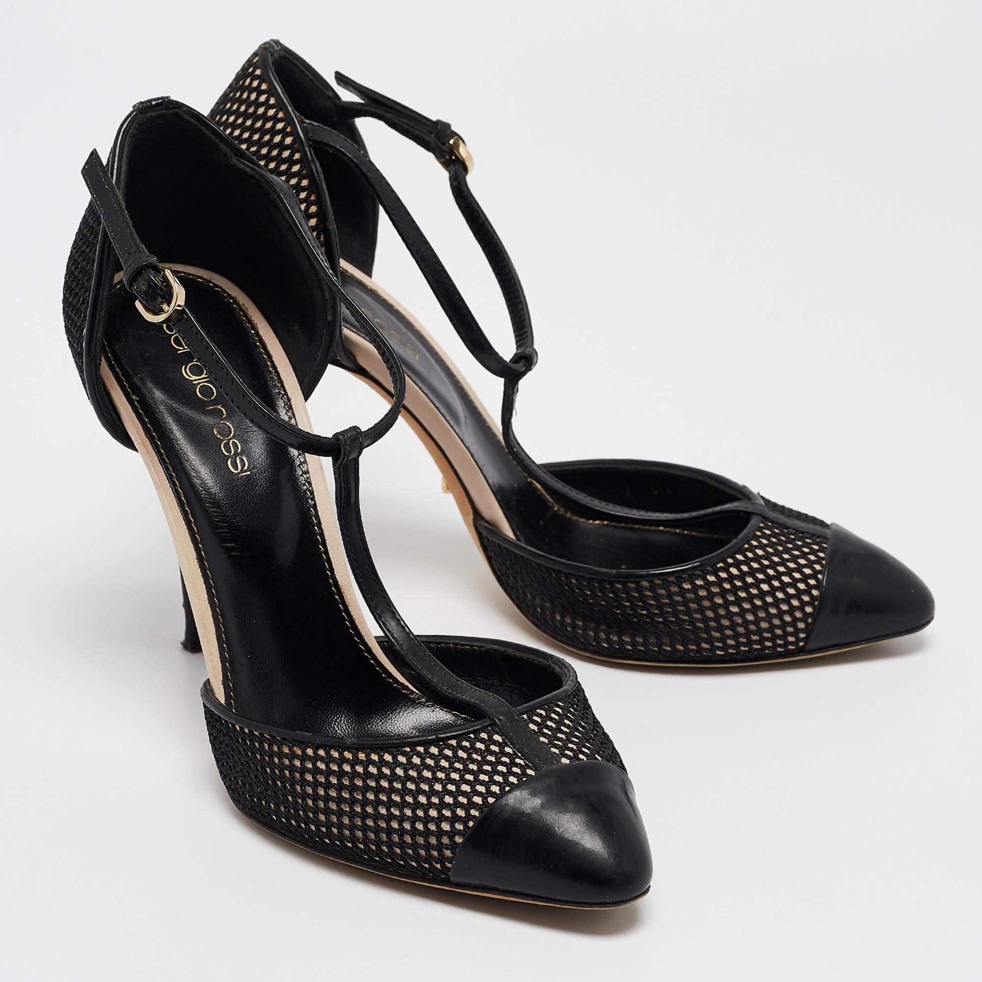 Women's Sergio Rossi Black Mesh and Leather Mary Jane Pumps Size 36.5 For Sale