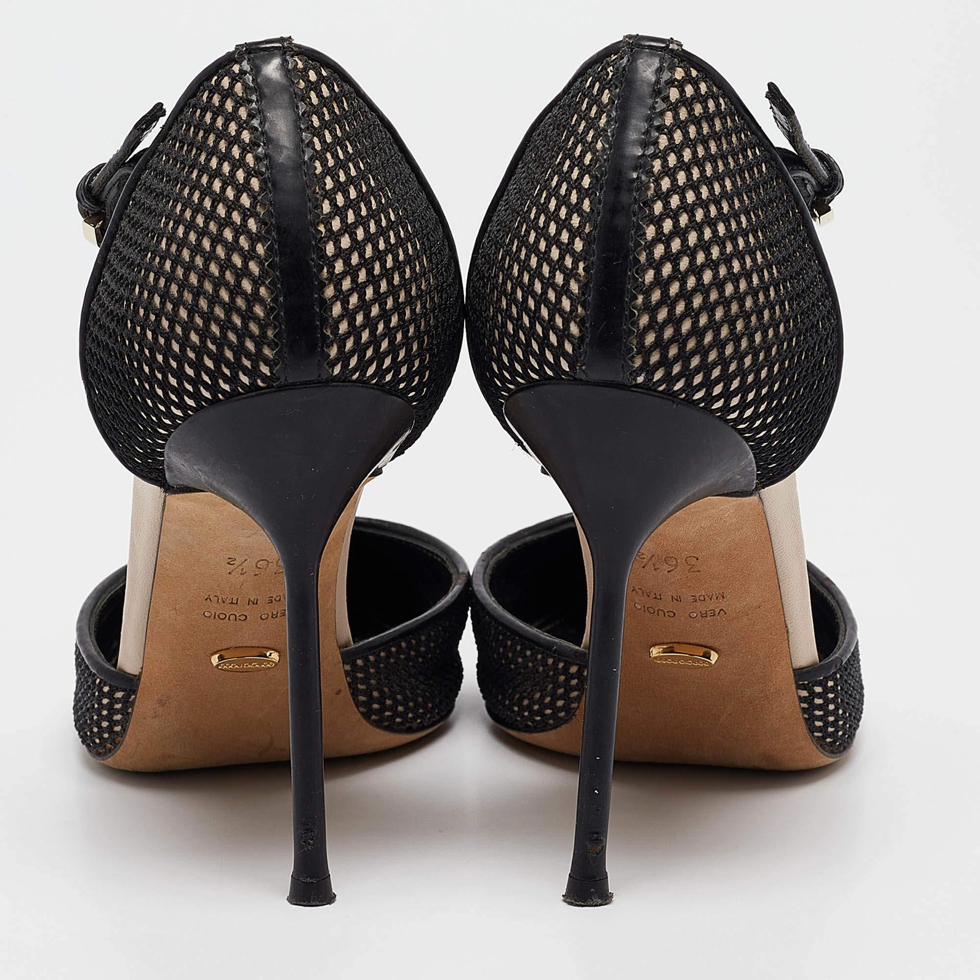 Sergio Rossi Black Mesh and Leather Mary Jane Pumps Size 36.5 For Sale 1