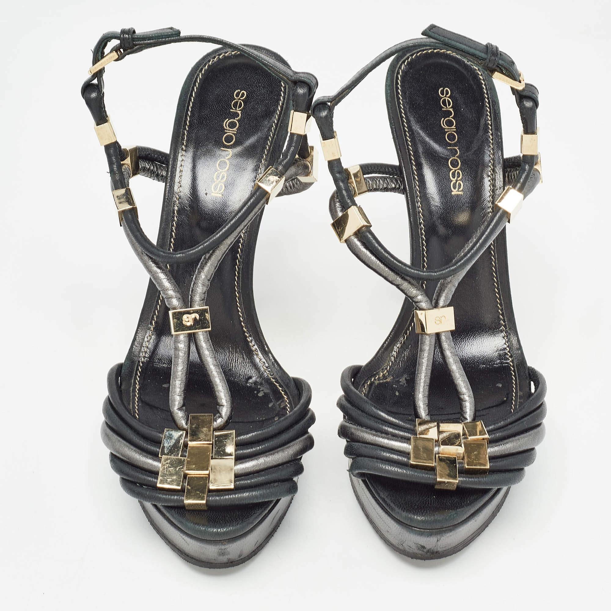 Sergio Rossi Schwarz/Metallic Grau Leder Riemchen Plateausandalen mit Riemchen Größe 36 im Zustand „Gut“ im Angebot in Dubai, Al Qouz 2