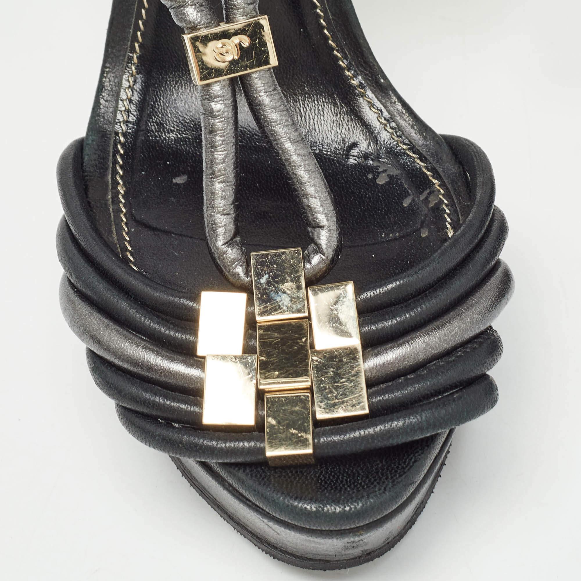 Sergio Rossi Schwarz/Metallic Grau Leder Riemchen Plateausandalen mit Riemchen Größe 36 im Angebot 4