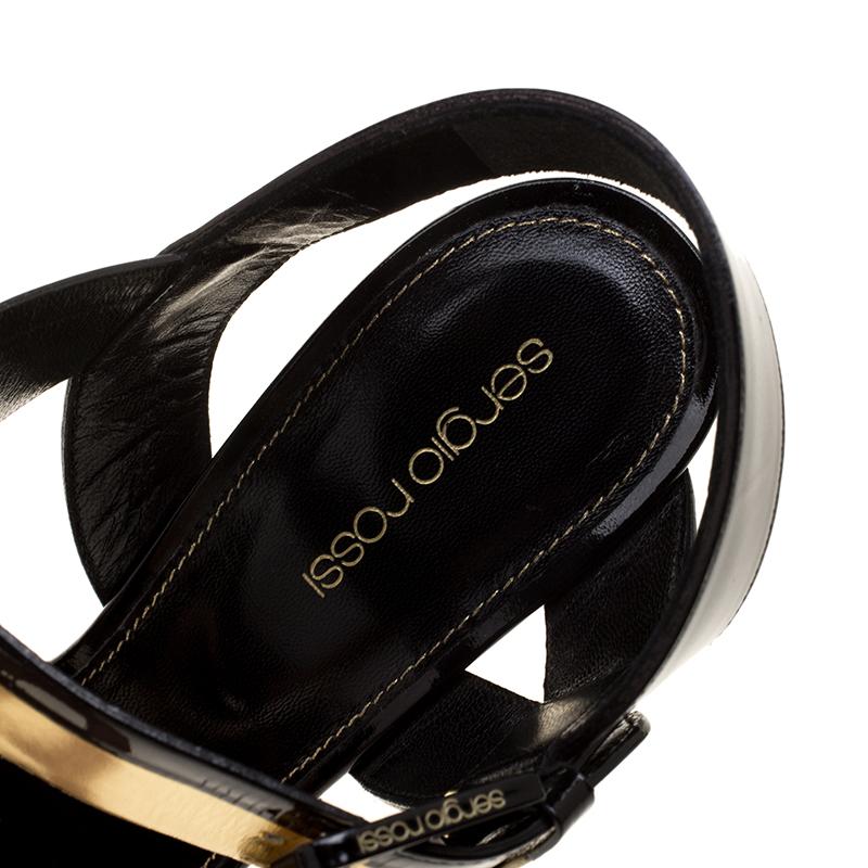 Sergio Rossi Black Patent And Metallic Gold Leather Zed Peep Toe Sandals Size 40 In New Condition In Dubai, Al Qouz 2