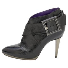 Sergio Rossi Black Patent Leather Buckle Detail Ankle Length Boots Size 37