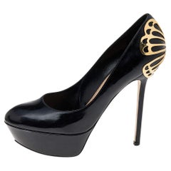 Sergio Rossi Black Patent Leather Butterfly Plaque Platform Pumps Size 38.5