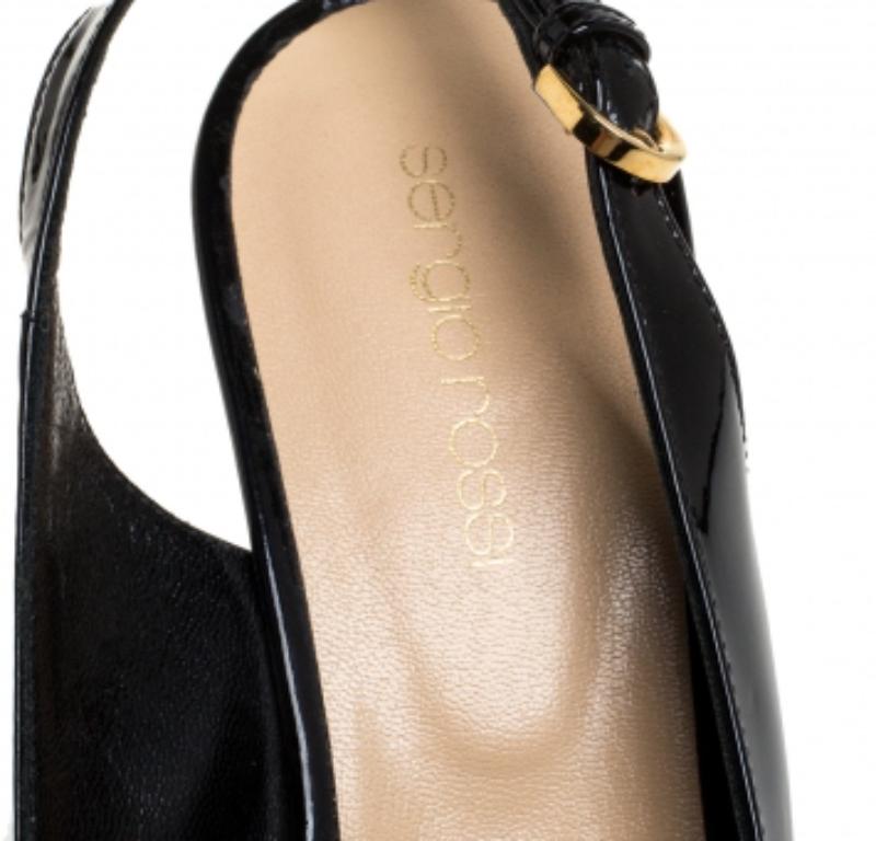 Sergio Rossi Black Patent Leather Peep Toe Slingback Sandals Size 37 For Sale 1