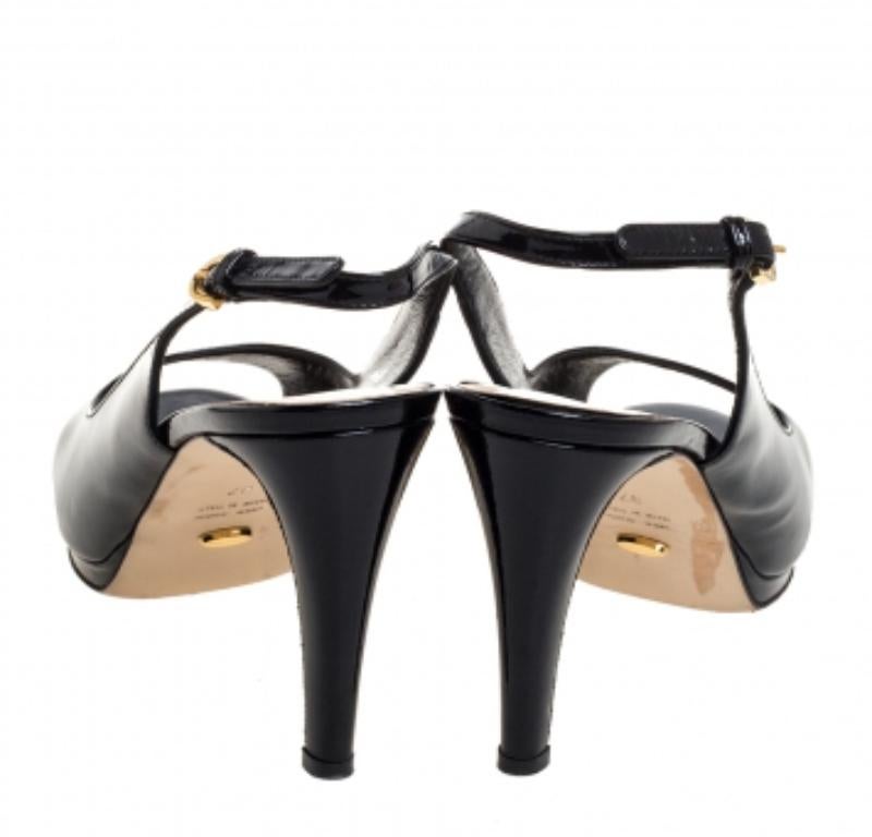 Sergio Rossi Black Patent Leather Peep Toe Slingback Sandals Size 37 For Sale 2