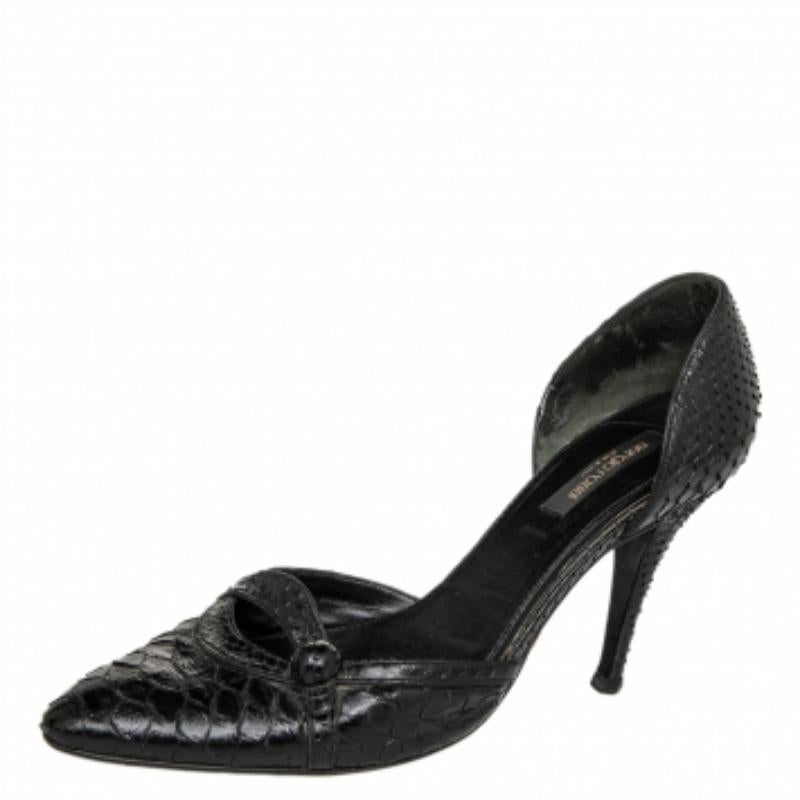 It would be a great choice to go for these well-cut, stylish pumps from the house of Sergio Rossi. Ensure that your outfit looks grand by pairing up it with these black pumps. They are made from python leather in a D'orsay style and feature almond