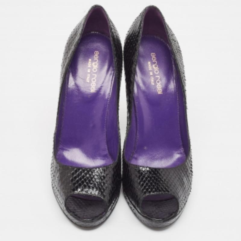 Sergio Rossi - Escarpins Peep Toe en python noir - Taille 37,5 Bon état - En vente à Dubai, Al Qouz 2