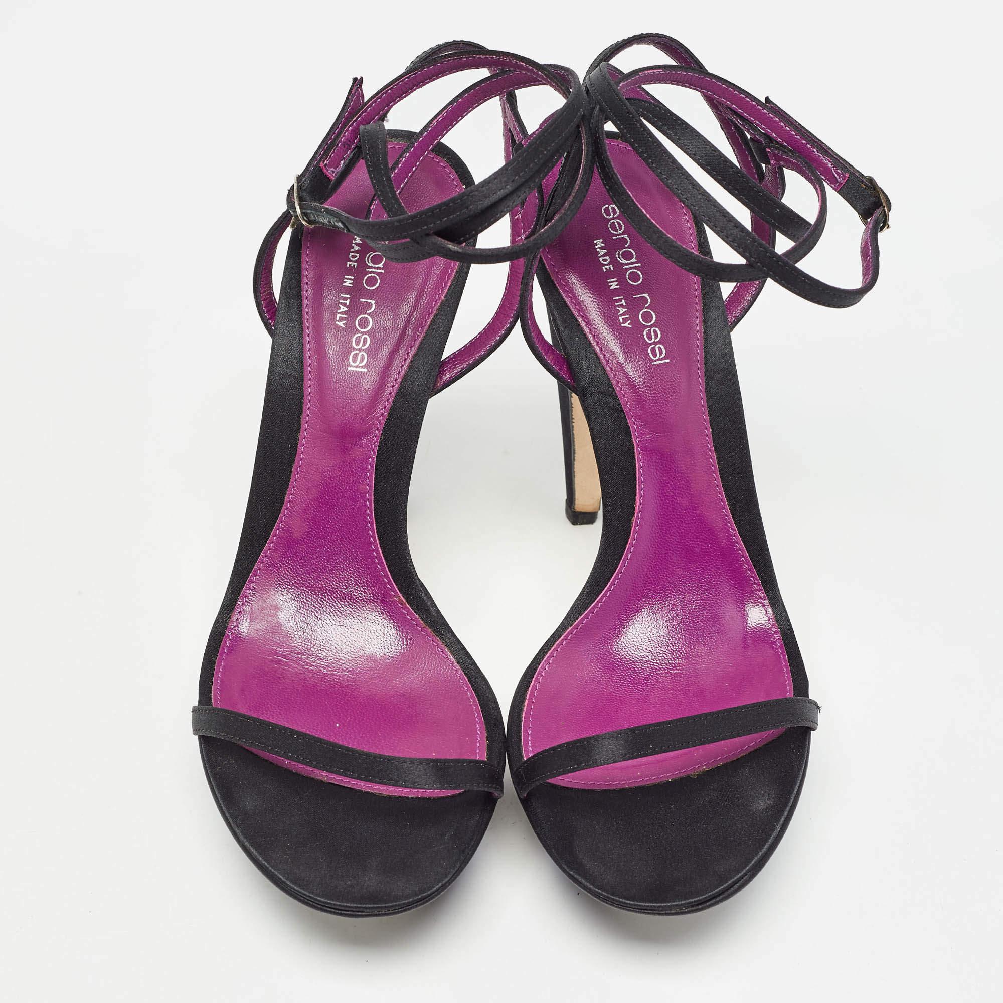 Sergio Rossi Black Satin Ankle Strap Platform Sandals Size 37.5 In Good Condition For Sale In Dubai, Al Qouz 2