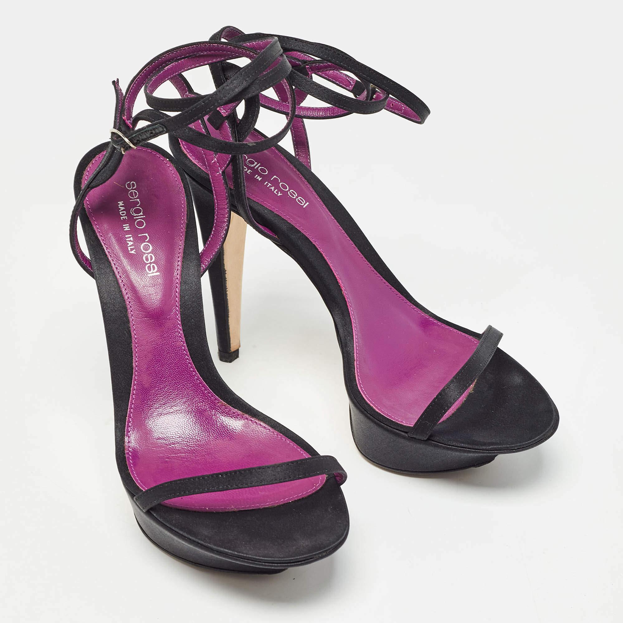 Women's Sergio Rossi Black Satin Ankle Strap Platform Sandals Size 37.5 For Sale