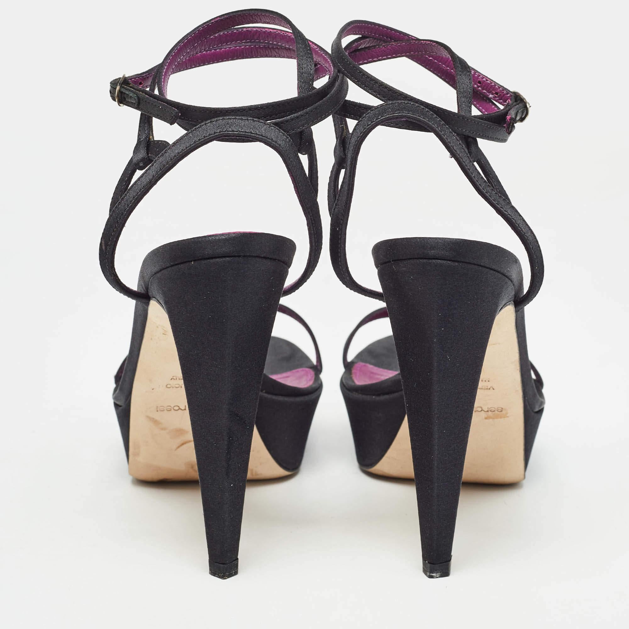Sergio Rossi Black Satin Ankle Strap Platform Sandals Size 37.5 For Sale 1